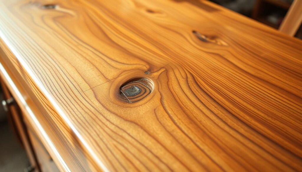 A beautifully crafted wood sideboard, its surface gently worn and textured, gleams under the warm glow of natural lighting. The grain of the wood is prominently displayed, showcasing the skilled handiwork of the craftsman. Delicate brushstrokes of a natural wood stain accentuate the unique patterns and knots, creating a sense of depth and character. A soft focus blurs the background, drawing the viewer's attention to the meticulous finishing details - subtle hand-sanded edges, precisely fitted joints, and a lustrous, satin-smooth topcoat that protects and enhances the natural beauty of the wood.
