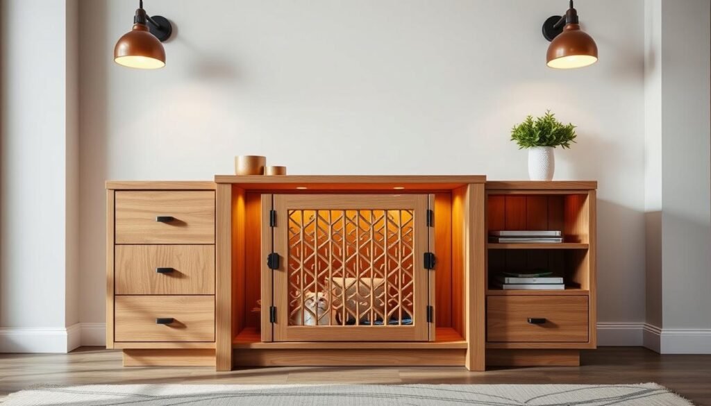 A beautifully crafted wooden dog crate console stands in a well-lit room, its sleek and modern design complementing the sophisticated decor. The crate's front features intricate lattice work, allowing glimpses of the content within. Elegant drawers and shelves line the sides, offering ample storage space for accessories and supplies. Warm lighting from overhead fixtures casts a gentle glow, highlighting the natural wood grains and creating a cozy, inviting atmosphere. The console is positioned against a minimalist backdrop, allowing it to be the focal point and showcasing its seamless integration into the living space.