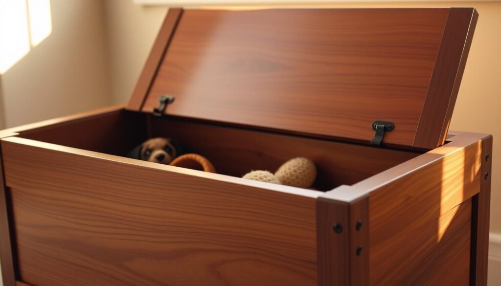 A beautifully crafted wooden dog toy box, its smooth surfaces gleaming in the warm, natural light. The intricate details of the dovetail joints and hand-sanded finish are showcased as the camera angle highlights the craftsmanship. Soft shadows cast by the box's edges create depth and dimension, drawing the eye to the polished wooden lid, slightly ajar to reveal the neatly organized toys within. The overall scene conveys a sense of tranquility and care, perfectly capturing the essence of a well-designed and lovingly maintained storage solution for a cherished pet's playthings. A beautifully crafted wooden dog toy box, its smooth surfaces gleaming in the warm, natural light. The intricate details of the dovetail joints and hand-sanded finish are showcased as the camera angle highlights the craftsmanship. Soft shadows cast by the box's edges create depth and dimension, drawing the eye to the polished wooden lid, slightly ajar to reveal the neatly organized toys within. The overall scene conveys a sense of tranquility and care, perfectly capturing the essence of a well-designed and lovingly maintained storage solution for a cherished pet's playthings.