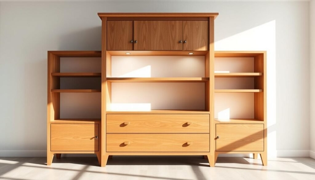 A beautifully crafted, wooden dresser with adjustable shelves stands in a well-lit, minimalist room. The dresser features intricate dovetail joints, a smooth, satin finish, and a sturdy, rectangular frame. Recessed LED lighting illuminates the shelves, casting a warm glow and highlighting the natural wood grain. The dresser is positioned against a plain, white wall, creating a clean, modern aesthetic. A large, floor-to-ceiling window allows natural sunlight to flood the space, casting soft shadows and adding depth to the scene. The overall composition exudes a sense of functionality, craftsmanship, and harmonious design, perfectly suited for the "Creating and Installing the Dresser with Shelves" section of the article.