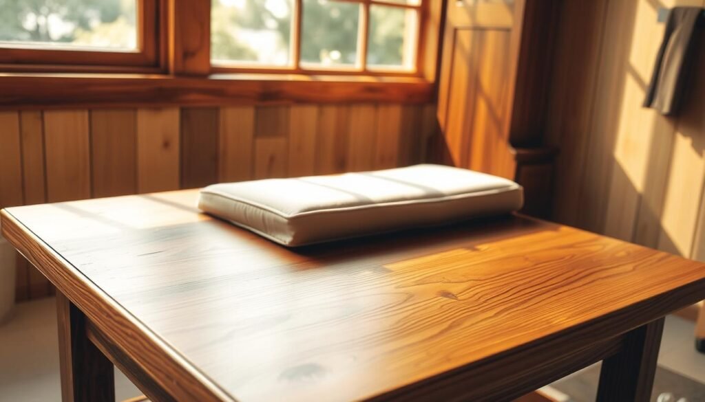 A beautifully crafted wooden hall tree with a bench, bathed in warm, natural lighting from a large window. The surface is meticulously sanded, with a silky-smooth finish achieved through a series of progressive grits. Delicate hand-rubbed stain and clear lacquer coats create a rich, lustrous sheen, highlighting the wood's natural grain and character. Precise, even brush strokes along the edges and corners convey a sense of care and attention to detail. The bench's cushion is upholstered in a complementary, neutral-toned fabric, inviting visitors to pause and admire the craftsmanship. The overall scene exudes a sense of timeless elegance and a commitment to quality workmanship. A beautifully crafted wooden hall tree with a bench, bathed in warm, natural lighting from a large window. The surface is meticulously sanded, with a silky-smooth finish achieved through a series of progressive grits. Delicate hand-rubbed stain and clear lacquer coats create a rich, lustrous sheen, highlighting the wood's natural grain and character. Precise, even brush strokes along the edges and corners convey a sense of care and attention to detail. The bench's cushion is upholstered in a complementary, neutral-toned fabric, inviting visitors to pause and admire the craftsmanship. The overall scene exudes a sense of timeless elegance and a commitment to quality workmanship.