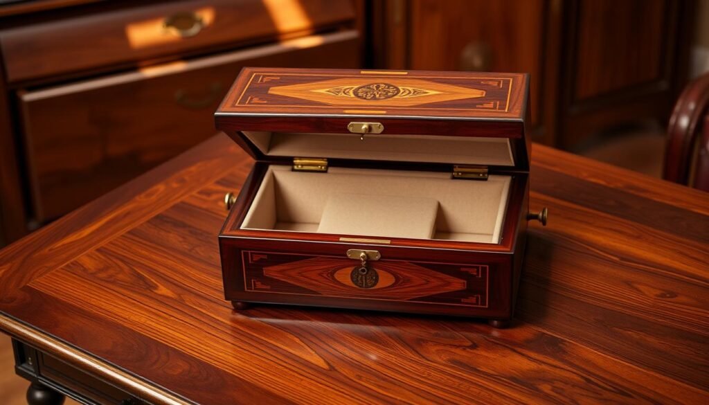 A beautifully crafted wooden jewelry box sits atop a polished mahogany table, its intricate inlaid designs catching the warm glow of a soft sidelight. The box's hinged lid opens to reveal a velvet-lined interior, ready to securely hold a lifetime's worth of precious keepsakes. Turned wooden accents and a classic brass hardware accent the box's timeless elegance. The scene is framed by a backdrop of rich, natural wood grain, evoking a sense of rustic sophistication and the enduring quality of heirloom craftsmanship. A beautifully crafted wooden jewelry box sits atop a polished mahogany table, its intricate inlaid designs catching the warm glow of a soft sidelight. The box's hinged lid opens to reveal a velvet-lined interior, ready to securely hold a lifetime's worth of precious keepsakes. Turned wooden accents and a classic brass hardware accent the box's timeless elegance. The scene is framed by a backdrop of rich, natural wood grain, evoking a sense of rustic sophistication and the enduring quality of heirloom craftsmanship.