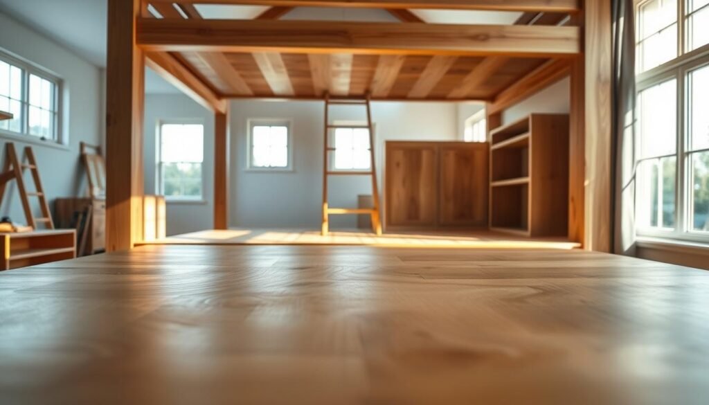 A beautifully crafted wooden loft bed, the finishing touches complete. In the foreground, the bed's smooth, sanded surface glows with a warm, natural finish, inviting the viewer to run their hand along the sturdy, expertly joined frame. Soft, diffused lighting illuminates the scene, creating a cozy, tranquil atmosphere. In the middle ground, custom-built storage stairs lead up to the loft, their clean lines and integrated shelving showcasing the meticulous attention to detail. The background features a spacious, airy loft space, with large windows allowing natural light to pour in, casting gentle shadows and highlighting the warm, earthy tones of the wood. An inspirational, artfully composed scene that captures the essence of a well-designed, personalized loft bed. A beautifully crafted wooden loft bed, the finishing touches complete. In the foreground, the bed's smooth, sanded surface glows with a warm, natural finish, inviting the viewer to run their hand along the sturdy, expertly joined frame. Soft, diffused lighting illuminates the scene, creating a cozy, tranquil atmosphere. In the middle ground, custom-built storage stairs lead up to the loft, their clean lines and integrated shelving showcasing the meticulous attention to detail. The background features a spacious, airy loft space, with large windows allowing natural light to pour in, casting gentle shadows and highlighting the warm, earthy tones of the wood. An inspirational, artfully composed scene that captures the essence of a well-designed, personalized loft bed.
