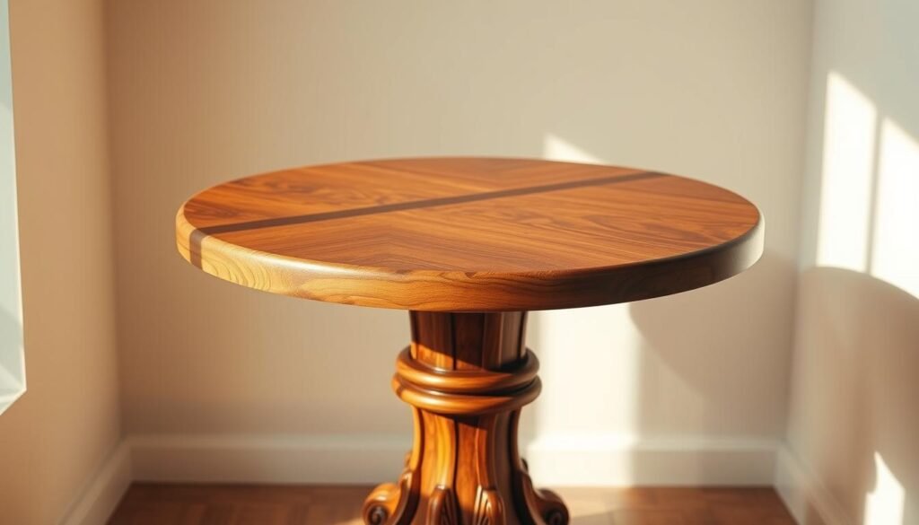 A beautifully crafted wooden round tabletop, its smooth surface gleaming under warm, natural lighting. The tabletop stands atop a sturdy, intricately carved pedestal, exuding a sense of timeless elegance. The grain of the wood is prominently displayed, showcasing the artistry of the woodworking process. Soft shadows cast by the light create a serene, inviting atmosphere, perfectly complementing the refined design. The tabletop appears to float effortlessly, its edges gently curved to enhance the overall graceful aesthetic. This captivating image captures the essence of a meticulously created woodworking masterpiece, a centerpiece that would elevate any living space. A beautifully crafted wooden round tabletop, its smooth surface gleaming under warm, natural lighting. The tabletop stands atop a sturdy, intricately carved pedestal, exuding a sense of timeless elegance. The grain of the wood is prominently displayed, showcasing the artistry of the woodworking process. Soft shadows cast by the light create a serene, inviting atmosphere, perfectly complementing the refined design. The tabletop appears to float effortlessly, its edges gently curved to enhance the overall graceful aesthetic. This captivating image captures the essence of a meticulously created woodworking masterpiece, a centerpiece that would elevate any living space.