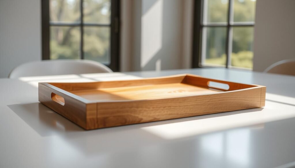 A beautifully crafted wooden tray resting on a clean, minimalist workspace. The tray features a sleek, rectangular design with gently curved edges, crafted from warm, honey-toned oak. Intricate dovetail joints at the corners add a touch of artisanal elegance. The tray's surface is smooth and sanded to a silky finish, reflecting the soft, natural lighting filtering in through large windows. Subtle shadows cast by the tray create depth and dimension, highlighting its thoughtful design. The tray's simple yet sophisticated appearance complements the workspace's modern, uncluttered aesthetic, elevating the overall visual harmony.