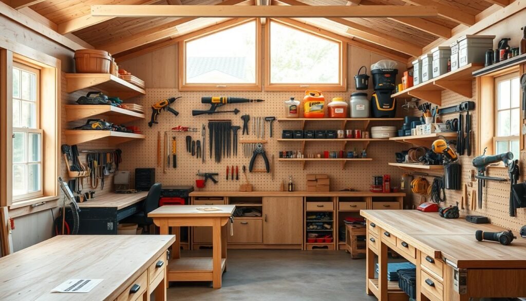 A bright, airy woodworking shed with neatly organized shelves, pegboards, and tool racks. Sunlight streams through large windows, casting a warm glow over the meticulously arranged workspace. Sturdy workbenches with built-in storage occupy the foreground, their surfaces clear and ready for projects. In the middle ground, a mix of hand tools and power tools are displayed on pegboards, each item within easy reach. The background features custom-built shelving units, stocked with labeled bins, jars, and drawers, creating a sense of order and efficiency. The overall atmosphere conveys a feeling of productivity and tranquility, inspiring the viewer to optimize their own woodworking shed for an optimal workflow.