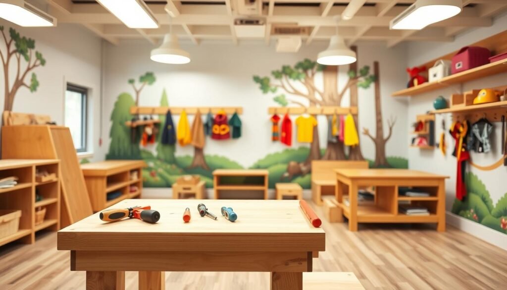 A brightly lit, spacious woodworking area designed for young hands. The foreground features a sturdy, child-sized workbench with rounded edges and secure clamps, accompanied by a set of age-appropriate hand tools neatly arranged. In the middle ground, colorful safety gear, including goggles and gloves, is displayed on hooks, encouraging active participation. The background showcases a mural depicting a whimsical forest scene, setting a calm and nurturing atmosphere. Warm, diffused lighting from overhead fixtures casts a gentle glow, creating a welcoming and secure environment for budding woodworkers. A brightly lit, spacious woodworking area designed for young hands. The foreground features a sturdy, child-sized workbench with rounded edges and secure clamps, accompanied by a set of age-appropriate hand tools neatly arranged. In the middle ground, colorful safety gear, including goggles and gloves, is displayed on hooks, encouraging active participation. The background showcases a mural depicting a whimsical forest scene, setting a calm and nurturing atmosphere. Warm, diffused lighting from overhead fixtures casts a gentle glow, creating a welcoming and secure environment for budding woodworkers.