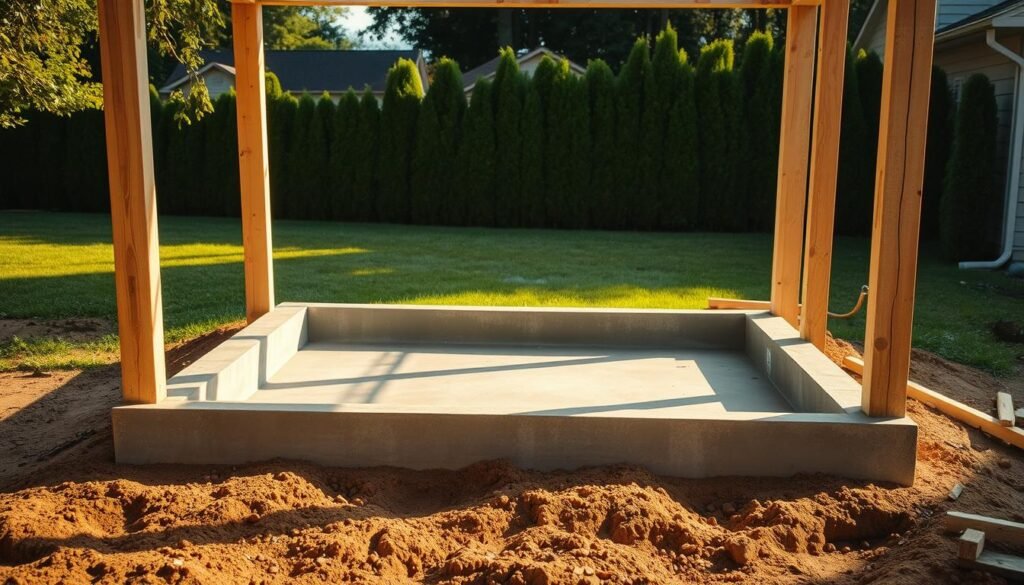 A construction site with a well-lit, rectangular concrete foundation being poured for a dog house. The foundation is surrounded by a frame of sturdy wooden beams, ready to support the structure. In the background, a lush, green yard with a tall privacy fence creates a peaceful, suburban setting. The scene is captured from a slightly elevated angle, highlighting the detailed craftsmanship of the work in progress. Warm, diffused sunlight casts soft shadows, creating a sense of depth and dimension. The overall atmosphere conveys a tranquil, focused, and purposeful mood, reflecting the care and attention required to build a high-quality, functional dog house. A construction site with a well-lit, rectangular concrete foundation being poured for a dog house. The foundation is surrounded by a frame of sturdy wooden beams, ready to support the structure. In the background, a lush, green yard with a tall privacy fence creates a peaceful, suburban setting. The scene is captured from a slightly elevated angle, highlighting the detailed craftsmanship of the work in progress. Warm, diffused sunlight casts soft shadows, creating a sense of depth and dimension. The overall atmosphere conveys a tranquil, focused, and purposeful mood, reflecting the care and attention required to build a high-quality, functional dog house.