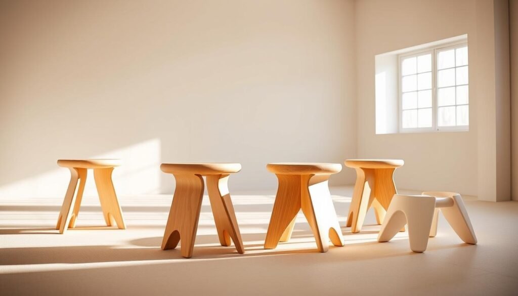 A contemporary furniture design scene, featuring a set of minimalist wooden stools arranged in a well-lit, airy studio space. The stools have a clean, streamlined silhouette with subtle curves, crafted from light-colored wood with a natural grain texture. Soft, diffused lighting from large windows bathes the scene in a warm, inviting glow, casting gentle shadows and highlighting the craftsmanship of the pieces. The background is a simple, neutral backdrop, allowing the stools to take center stage as the focal point. The overall mood is one of modern elegance and understated sophistication, perfectly suited to illustrate the "Crafting Matching Stools" section of the woodworking project article. A contemporary furniture design scene, featuring a set of minimalist wooden stools arranged in a well-lit, airy studio space. The stools have a clean, streamlined silhouette with subtle curves, crafted from light-colored wood with a natural grain texture. Soft, diffused lighting from large windows bathes the scene in a warm, inviting glow, casting gentle shadows and highlighting the craftsmanship of the pieces. The background is a simple, neutral backdrop, allowing the stools to take center stage as the focal point. The overall mood is one of modern elegance and understated sophistication, perfectly suited to illustrate the "Crafting Matching Stools" section of the woodworking project article.