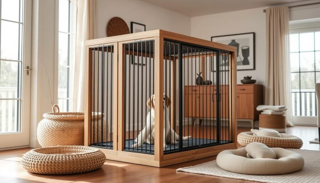A contemporary, well-lit home interior with a custom-built, minimalist DIY dog crate design taking center stage. The crate features clean lines, natural wood tones, and sleek metal accents, seamlessly blending into the surrounding decor. Soft, natural lighting from floor-to-ceiling windows creates a warm, inviting atmosphere. The crate is positioned at an angle, showcasing its thoughtful, functional design. Subtle textures, such as woven baskets and plush dog beds, add visual interest and a cozy touch. The overall scene conveys a sense of modern, pet-friendly living where the crate is an intentional, aesthetically-pleasing element of the space.