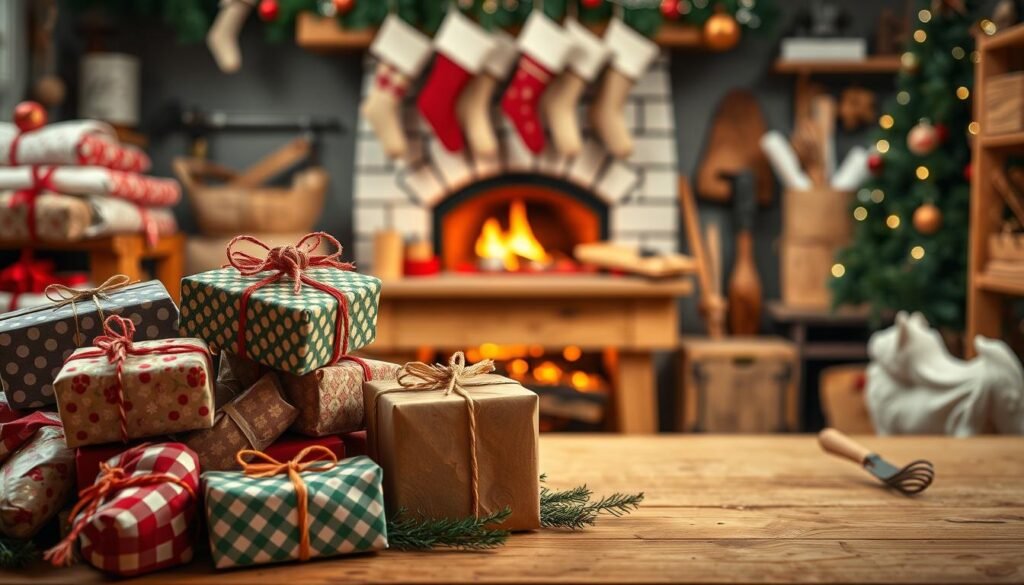 A cozy Christmas scene featuring a pile of beautifully wrapped dog gifts in the foreground. A well-lit wooden workbench in the middle ground, with tools and materials for crafting simple, safe dog toys and treats. In the background, a warm, inviting fireplace with stockings hung above, creating a festive and serene atmosphere. The lighting is soft and natural, highlighting the textures of the wood and the thoughtfully selected gift wrappings. The overall mood is one of care, creativity, and holiday cheer. A cozy Christmas scene featuring a pile of beautifully wrapped dog gifts in the foreground. A well-lit wooden workbench in the middle ground, with tools and materials for crafting simple, safe dog toys and treats. In the background, a warm, inviting fireplace with stockings hung above, creating a festive and serene atmosphere. The lighting is soft and natural, highlighting the textures of the wood and the thoughtfully selected gift wrappings. The overall mood is one of care, creativity, and holiday cheer.