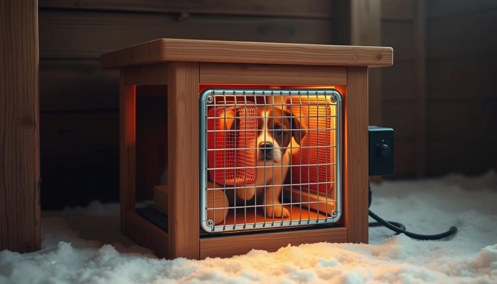 A cozy DIY dog house heater, built with a rustic wooden frame and a metal heating element. The heater is placed at the entrance of a well-insulated dog house, casting a warm glow. The scene is bathed in a soft, diffused light, creating a comforting atmosphere. The heater's design incorporates safety features like protective grilles and a thermostat for precise temperature control. The overall composition emphasizes the importance of keeping your canine companion warm and secure during the colder months. A cozy DIY dog house heater, built with a rustic wooden frame and a metal heating element. The heater is placed at the entrance of a well-insulated dog house, casting a warm glow. The scene is bathed in a soft, diffused light, creating a comforting atmosphere. The heater's design incorporates safety features like protective grilles and a thermostat for precise temperature control. The overall composition emphasizes the importance of keeping your canine companion warm and secure during the colder months.