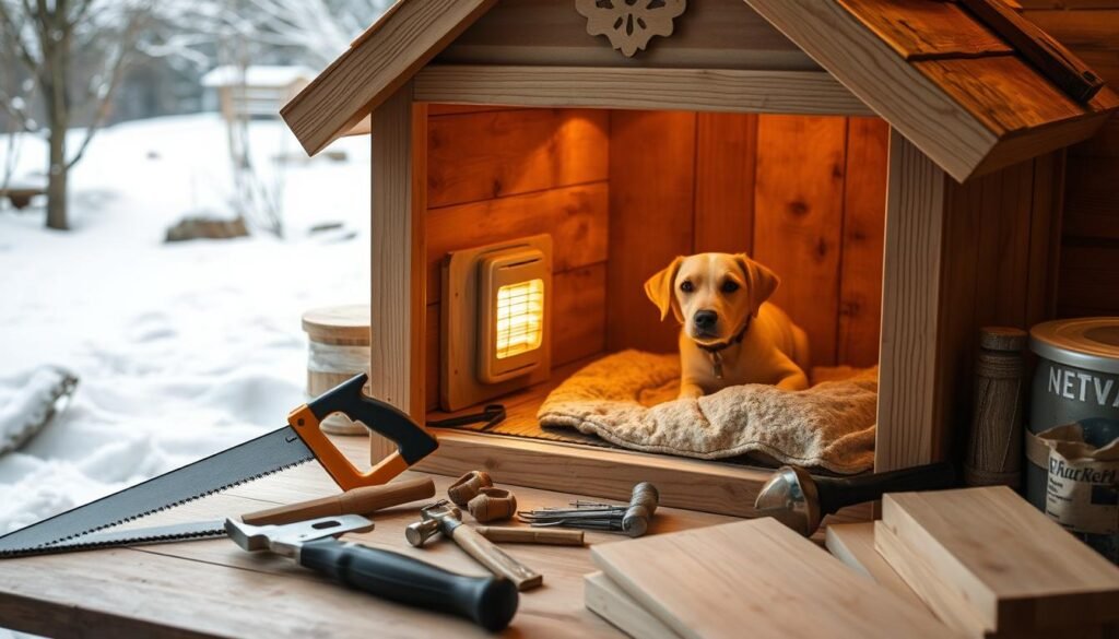 A cozy DIY dog house with a heating element nestled in the corner, illuminated by soft, warm lighting. The sturdy, wooden structure features a slanted roof and charming details like decorative trim. In the foreground, an array of essential tools and materials are neatly arranged, including a saw, hammer, nails, wood planks, and insulation. The background hints at a peaceful, rustic setting, perhaps a snowy winter landscape or a cozy backyard. The overall atmosphere conveys a sense of practical craftsmanship and care for the canine companion. A cozy DIY dog house with a heating element nestled in the corner, illuminated by soft, warm lighting. The sturdy, wooden structure features a slanted roof and charming details like decorative trim. In the foreground, an array of essential tools and materials are neatly arranged, including a saw, hammer, nails, wood planks, and insulation. The background hints at a peaceful, rustic setting, perhaps a snowy winter landscape or a cozy backyard. The overall atmosphere conveys a sense of practical craftsmanship and care for the canine companion.