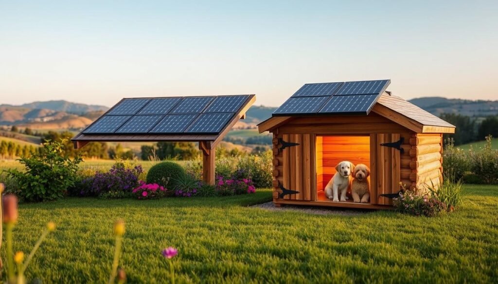 A cozy DIY solar-powered dog house nestled in a lush backyard. In the foreground, a wooden structure with a slanted roof, meticulously crafted with rustic details. Solar panels adorn the rooftop, capturing the sun's warmth to heat the interior. The middle ground features a well-manicured lawn, dotted with vibrant flowers and lush greenery. In the background, a picturesque landscape with rolling hills and a clear sky, creating a serene and natural atmosphere. Warm, golden lighting filters through the windows, inviting the viewer to imagine a content canine companion enjoying the comforts of this eco-friendly, homemade retreat. A cozy DIY solar-powered dog house nestled in a lush backyard. In the foreground, a wooden structure with a slanted roof, meticulously crafted with rustic details. Solar panels adorn the rooftop, capturing the sun's warmth to heat the interior. The middle ground features a well-manicured lawn, dotted with vibrant flowers and lush greenery. In the background, a picturesque landscape with rolling hills and a clear sky, creating a serene and natural atmosphere. Warm, golden lighting filters through the windows, inviting the viewer to imagine a content canine companion enjoying the comforts of this eco-friendly, homemade retreat.
