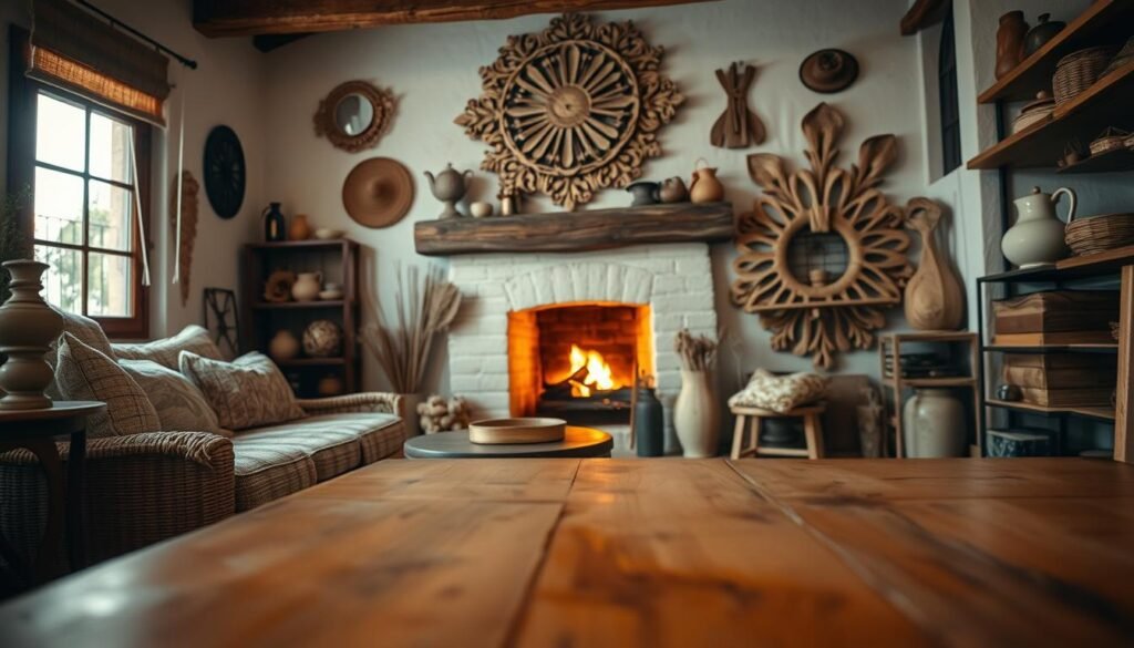 A cozy and inviting rustic home interior, showcasing a handcrafted wooden wall decor piece in the foreground. The decor item features intricate carving and a natural, weathered finish, casting warm, soft lighting across the room. In the middle ground, a mix of natural textiles, ceramics, and vintage-inspired accents create a layered, artisanal ambiance. The background subtly reveals a crackling fireplace, casting a gentle glow and enhancing the intimate, homely atmosphere. Photographer's lens captures the scene at a low angle, emphasizing the craftsmanship and inviting the viewer to appreciate the thoughtfully curated, homemade charm of the space. A cozy and inviting rustic home interior, showcasing a handcrafted wooden wall decor piece in the foreground. The decor item features intricate carving and a natural, weathered finish, casting warm, soft lighting across the room. In the middle ground, a mix of natural textiles, ceramics, and vintage-inspired accents create a layered, artisanal ambiance. The background subtly reveals a crackling fireplace, casting a gentle glow and enhancing the intimate, homely atmosphere. Photographer's lens captures the scene at a low angle, emphasizing the craftsmanship and inviting the viewer to appreciate the thoughtfully curated, homemade charm of the space.