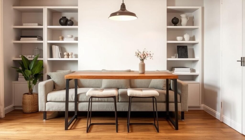 A cozy and inviting sofa table with a pair of comfortable stools, set against a backdrop of minimalist yet stylish home decor. The table features a warm, wooden top and sleek, metal legs, creating a harmonious blend of natural and industrial elements. The stools, upholstered in a neutral tone, invite guests to gather and converse. Soft, diffused lighting from a pendant above casts a gentle glow, enhancing the intimate atmosphere. Surrounding the setting, clean-lined shelves display a curated selection of decorative objects, adding visual interest and a sense of balance. The overall scene exudes a sense of harmony, practicality, and sophisticated simplicity, perfectly complementing the "Planning Your Sofa Table with Stools" section of the woodworking project article. A cozy and inviting sofa table with a pair of comfortable stools, set against a backdrop of minimalist yet stylish home decor. The table features a warm, wooden top and sleek, metal legs, creating a harmonious blend of natural and industrial elements. The stools, upholstered in a neutral tone, invite guests to gather and converse. Soft, diffused lighting from a pendant above casts a gentle glow, enhancing the intimate atmosphere. Surrounding the setting, clean-lined shelves display a curated selection of decorative objects, adding visual interest and a sense of balance. The overall scene exudes a sense of harmony, practicality, and sophisticated simplicity, perfectly complementing the "Planning Your Sofa Table with Stools" section of the woodworking project article.
