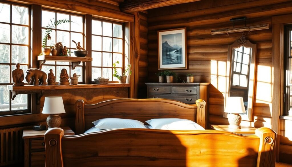A cozy and rustic woodworking-inspired bedroom, bathed in warm, natural lighting filtering through large windows. In the foreground, a handcrafted wooden bed frame with intricate carved details. On the nightstands, a pair of table lamps with wooden bases and linen shades. On the walls, floating wooden shelves displaying an assortment of decorative objects - carved figurines, potted plants, and framed landscape paintings. In the background, a weathered wooden dresser with brass hardware, complemented by a wooden-framed mirror. The overall atmosphere is one of organic elegance and craftsmanship, creating a serene and inviting sleeping sanctuary. A cozy and rustic woodworking-inspired bedroom, bathed in warm, natural lighting filtering through large windows. In the foreground, a handcrafted wooden bed frame with intricate carved details. On the nightstands, a pair of table lamps with wooden bases and linen shades. On the walls, floating wooden shelves displaying an assortment of decorative objects - carved figurines, potted plants, and framed landscape paintings. In the background, a weathered wooden dresser with brass hardware, complemented by a wooden-framed mirror. The overall atmosphere is one of organic elegance and craftsmanship, creating a serene and inviting sleeping sanctuary.