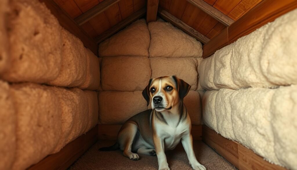 A cozy dog house interior, with thick insulation panels lining the walls and ceiling. Warm, soft lighting illuminates the space, casting a inviting glow. The insulation is made of high-quality, eco-friendly materials that effectively trap heat, keeping the canine resident snug and content. The textured surface of the insulation creates interesting shadows and depth, while the neutral color palette blends seamlessly with the rustic wooden structure. A sense of comfort and practicality radiates throughout the scene, showcasing the thoughtful design elements that make this dog house both functional and visually appealing. A cozy dog house interior, with thick insulation panels lining the walls and ceiling. Warm, soft lighting illuminates the space, casting a inviting glow. The insulation is made of high-quality, eco-friendly materials that effectively trap heat, keeping the canine resident snug and content. The textured surface of the insulation creates interesting shadows and depth, while the neutral color palette blends seamlessly with the rustic wooden structure. A sense of comfort and practicality radiates throughout the scene, showcasing the thoughtful design elements that make this dog house both functional and visually appealing.