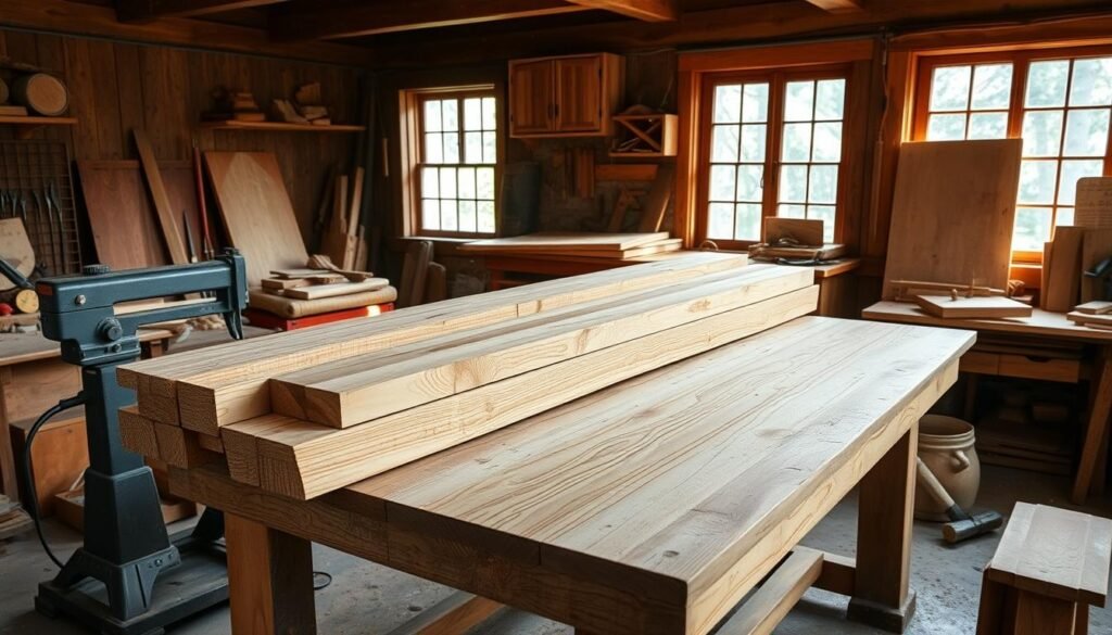 A cozy farmhouse workshop, natural light streaming through large windows, illuminating a sturdy wooden table. On the tabletop, a collection of freshly sawn lumber, the grain glistening, awaiting careful preparation for a homemade farmhouse table. Nearby, a vintage manual saw, its teeth keen and ready to shape the boards, and a selection of hand tools - chisels, planes, and sandpaper - neatly arranged. The scene exudes a sense of rustic authenticity, the air filled with the earthy aroma of freshly cut wood, as the skilled craftsperson embarks on their DIY woodworking journey.