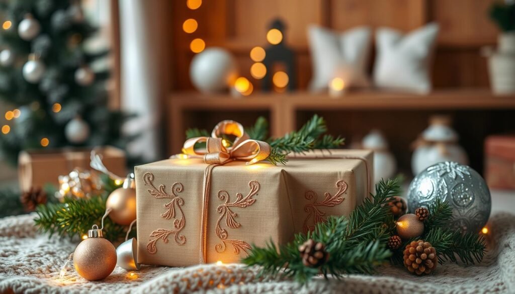 A cozy holiday scene with a beautifully wrapped gift box nestled among a collection of festive adornments. The gift features intricate ribbon work in shimmering metallic tones, accentuated by delicate sprigs of evergreen and twinkling fairy lights. The background is a warm, softly-lit room with wooden accents, giving an intimate, handcrafted ambiance. The overall composition evokes a sense of thoughtfulness, care, and the joy of creating something special to share. A cozy holiday scene with a beautifully wrapped gift box nestled among a collection of festive adornments. The gift features intricate ribbon work in shimmering metallic tones, accentuated by delicate sprigs of evergreen and twinkling fairy lights. The background is a warm, softly-lit room with wooden accents, giving an intimate, handcrafted ambiance. The overall composition evokes a sense of thoughtfulness, care, and the joy of creating something special to share.