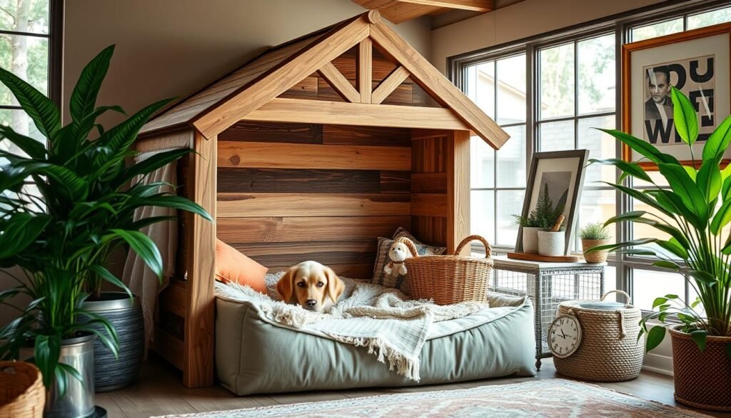 A cozy indoor dog house, its exterior adorned with rustic wooden planks and a charming pitched roof. The interior showcases a plush dog bed, surrounded by tasteful decor - a cozy throw blanket, a chic woven basket, and a whimsical dog toy. Natural light filters in through large windows, casting a warm glow. Lush potted plants and framed artwork add finishing touches, creating a welcoming, pet-friendly atmosphere. The scene is captured with a mid-angle, slightly elevated perspective, emphasizing the inviting, homey feel of this DIY indoor dog retreat. A cozy indoor dog house, its exterior adorned with rustic wooden planks and a charming pitched roof. The interior showcases a plush dog bed, surrounded by tasteful decor - a cozy throw blanket, a chic woven basket, and a whimsical dog toy. Natural light filters in through large windows, casting a warm glow. Lush potted plants and framed artwork add finishing touches, creating a welcoming, pet-friendly atmosphere. The scene is captured with a mid-angle, slightly elevated perspective, emphasizing the inviting, homey feel of this DIY indoor dog retreat.