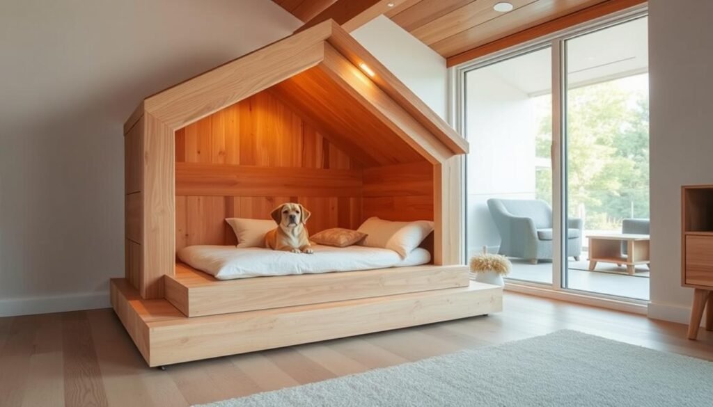 A cozy indoor dog house with a modern, minimalist design. Crafted from warm, natural wood, the house features a raised platform bed, plush cushions, and a slanted roof that provides a sense of security and comfort. Soft, diffused lighting from overhead fixtures casts a gentle glow, creating a calming atmosphere. The house is situated in a bright, airy room with large windows, allowing natural light to fill the space. The design seamlessly integrates into the home's interior, blending functionality and aesthetics for a harmonious living space for both the dog and its owners. A cozy indoor dog house with a modern, minimalist design. Crafted from warm, natural wood, the house features a raised platform bed, plush cushions, and a slanted roof that provides a sense of security and comfort. Soft, diffused lighting from overhead fixtures casts a gentle glow, creating a calming atmosphere. The house is situated in a bright, airy room with large windows, allowing natural light to fill the space. The design seamlessly integrates into the home's interior, blending functionality and aesthetics for a harmonious living space for both the dog and its owners.