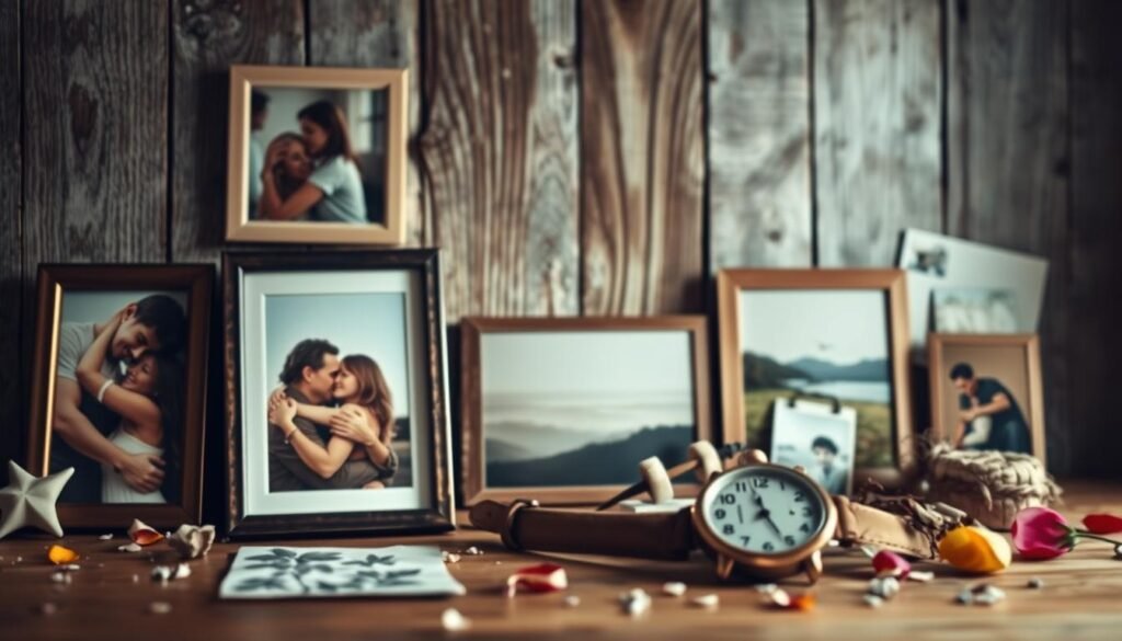 A cozy, intimate photo collage filled with cherished memories. In the foreground, a collection of framed photographs showcasing tender moments - a loving embrace, a joyful laughter, a tranquil landscape. The middle ground features a rustic wooden backdrop, its weathered texture adding warmth and character. Soft, diffused lighting casts a gentle glow, creating a dreamlike atmosphere. In the background, a scattering of small, personal trinkets - a vintage watch, a sepia-toned postcard, a delicate flower petal - artfully arranged to evoke a sense of nostalgia and intimacy. The overall composition exudes a sense of heartfelt sentimentality, perfectly capturing the essence of a thoughtful, personalized gift. A cozy, intimate photo collage filled with cherished memories. In the foreground, a collection of framed photographs showcasing tender moments - a loving embrace, a joyful laughter, a tranquil landscape. The middle ground features a rustic wooden backdrop, its weathered texture adding warmth and character. Soft, diffused lighting casts a gentle glow, creating a dreamlike atmosphere. In the background, a scattering of small, personal trinkets - a vintage watch, a sepia-toned postcard, a delicate flower petal - artfully arranged to evoke a sense of nostalgia and intimacy. The overall composition exudes a sense of heartfelt sentimentality, perfectly capturing the essence of a thoughtful, personalized gift.