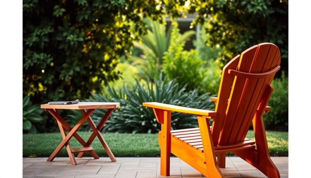 A cozy outdoor setting with a foldable Adirondack chair in the foreground, its wooden slats and elegant curves illuminated by warm, natural lighting. In the middle ground, a pair of matching folding side tables stand ready, their weathered surfaces complementing the chair's rustic charm. The background features a lush, verdant garden, with a gentle breeze rustling the leaves, creating a serene and inviting atmosphere. The entire scene is captured with a wide-angle lens, emphasizing the sense of depth and the harmonious integration of the furniture into the natural environment. A cozy outdoor setting with a foldable Adirondack chair in the foreground, its wooden slats and elegant curves illuminated by warm, natural lighting. In the middle ground, a pair of matching folding side tables stand ready, their weathered surfaces complementing the chair's rustic charm. The background features a lush, verdant garden, with a gentle breeze rustling the leaves, creating a serene and inviting atmosphere. The entire scene is captured with a wide-angle lens, emphasizing the sense of depth and the harmonious integration of the furniture into the natural environment.