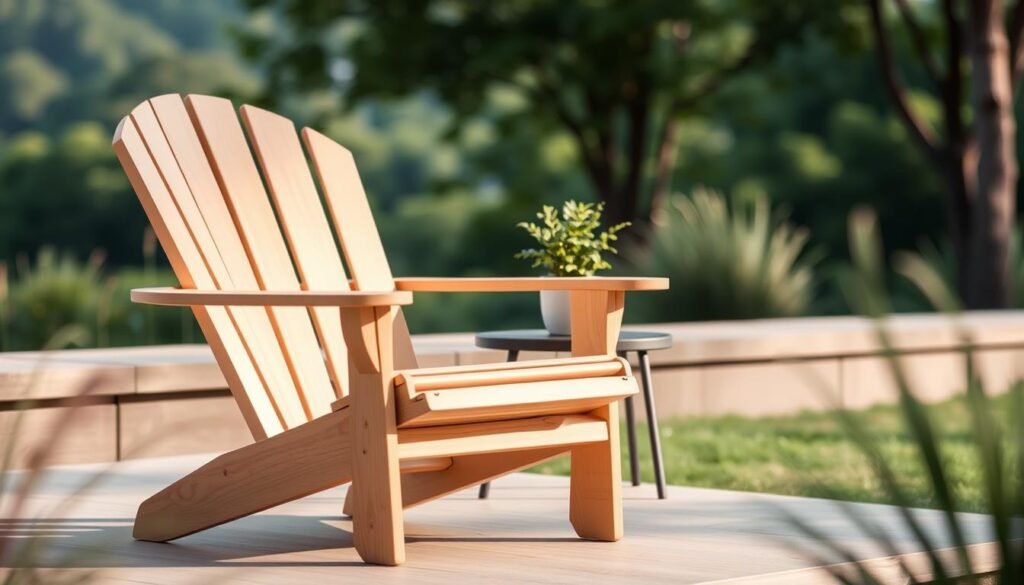 A cozy outdoor setting with a sleek, modern folding Adirondack chair in the foreground. The chair is crafted from smooth, light-colored wood, its clean lines and gentle curves inviting relaxation. Soft, diffused lighting casts gentle shadows, creating a warm, welcoming atmosphere. In the middle ground, a small side table with a potted plant adds a touch of nature. The background features a blurred, lush green landscape, hinting at the peaceful, secluded environment. The overall scene conveys a sense of simplicity, comfort, and effortless style. A cozy outdoor setting with a sleek, modern folding Adirondack chair in the foreground. The chair is crafted from smooth, light-colored wood, its clean lines and gentle curves inviting relaxation. Soft, diffused lighting casts gentle shadows, creating a warm, welcoming atmosphere. In the middle ground, a small side table with a potted plant adds a touch of nature. The background features a blurred, lush green landscape, hinting at the peaceful, secluded environment. The overall scene conveys a sense of simplicity, comfort, and effortless style.