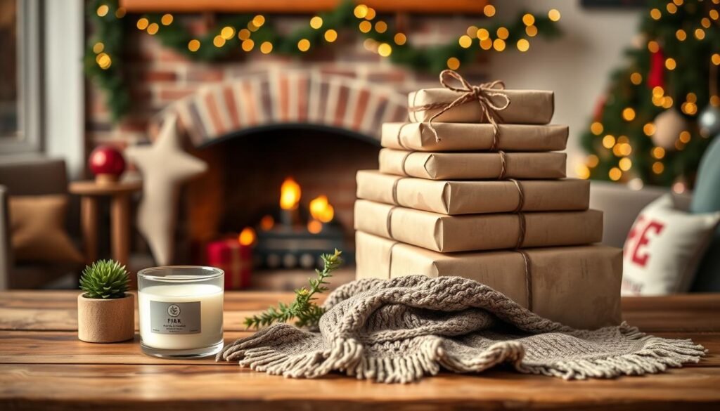 A cozy still life scene of budget-friendly Christmas gifts for parents. In the foreground, a wooden table with a handmade scented candle, a knitted scarf, and a small potted plant. In the middle ground, a stack of neatly wrapped presents in rustic kraft paper and ribbon. The background features a warm, softly lit interior with a brick fireplace and festive garlands. The overall mood is intimate, homely, and thoughtful, capturing the essence of thoughtful, inexpensive Christmas gifts that express care and love. A cozy still life scene of budget-friendly Christmas gifts for parents. In the foreground, a wooden table with a handmade scented candle, a knitted scarf, and a small potted plant. In the middle ground, a stack of neatly wrapped presents in rustic kraft paper and ribbon. The background features a warm, softly lit interior with a brick fireplace and festive garlands. The overall mood is intimate, homely, and thoughtful, capturing the essence of thoughtful, inexpensive Christmas gifts that express care and love.