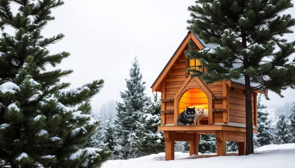 A cozy, weatherproofed cat house set against a backdrop of a snowy winter landscape. The wooden structure, adorned with insulation and protective siding, stands tall and sturdy, its peaked roof shedding the elements. Warm, soft lighting emanates from within, creating a inviting, comfortable atmosphere. The house is elevated on sturdy legs, keeping it elevated from the ground. In the foreground, the cat house is flanked by lush evergreen trees, their branches dusted with a gentle layer of snow. A soft, overcast sky provides muted, natural lighting, enhancing the tranquil, serene setting. The overall scene conveys a sense of protection, warmth, and practical functionality for the feline resident within. A cozy, weatherproofed cat house set against a backdrop of a snowy winter landscape. The wooden structure, adorned with insulation and protective siding, stands tall and sturdy, its peaked roof shedding the elements. Warm, soft lighting emanates from within, creating a inviting, comfortable atmosphere. The house is elevated on sturdy legs, keeping it elevated from the ground. In the foreground, the cat house is flanked by lush evergreen trees, their branches dusted with a gentle layer of snow. A soft, overcast sky provides muted, natural lighting, enhancing the tranquil, serene setting. The overall scene conveys a sense of protection, warmth, and practical functionality for the feline resident within.