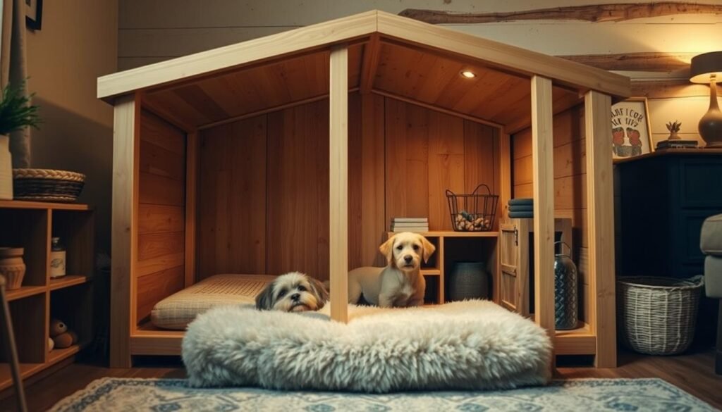 A cozy, well-designed DIY indoor dog house with a simple yet functional layout. The structure is made of warm, natural wood planks, with a gently sloped roof that provides ample headroom and ventilation. The dog house is positioned in a cozy corner, bathed in soft, diffused lighting that creates a serene, inviting atmosphere. The foreground features a plush, comfortable dog bed, while the middle ground showcases storage cubbies and shelves for toys and supplies. The background subtly hints at a peaceful, rustic interior setting, with hints of natural textures and earthy tones. The overall composition conveys a sense of thoughtful, practical design that prioritizes the dog's comfort and well-being. A cozy, well-designed DIY indoor dog house with a simple yet functional layout. The structure is made of warm, natural wood planks, with a gently sloped roof that provides ample headroom and ventilation. The dog house is positioned in a cozy corner, bathed in soft, diffused lighting that creates a serene, inviting atmosphere. The foreground features a plush, comfortable dog bed, while the middle ground showcases storage cubbies and shelves for toys and supplies. The background subtly hints at a peaceful, rustic interior setting, with hints of natural textures and earthy tones. The overall composition conveys a sense of thoughtful, practical design that prioritizes the dog's comfort and well-being.
