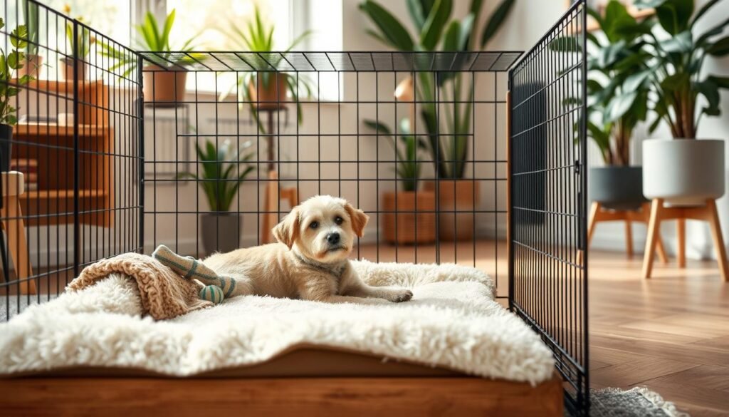 A cozy, well-designed dog crate serving as a comfortable retreat for a beloved canine companion. In the foreground, an inviting plush bed fills the crate's interior, surrounded by thoughtful decorative touches like a warm throw blanket and a few chew toys. The middle ground showcases a sleek, modern crate constructed from natural wood and wire mesh, blending seamlessly with the home's decor. In the background, a bright, sun-drenched room with neutral-toned walls and vibrant houseplants creates a calming, inviting atmosphere. The lighting is soft and diffused, casting a gentle glow on the scene. The overall mood is one of coziness, care, and a celebration of the special bond between human and pet.