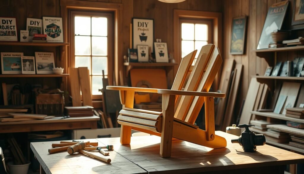 A cozy, well-lit Adirondack chair in a rustic, homely workspace setup. The chair is folded and placed on a sturdy wooden table, surrounded by various DIY tools and materials - hammers, screwdrivers, sandpaper, wood planks. Soft, natural lighting filters in through a large window, casting warm shadows. The workspace is tidy and organized, with shelves displaying DIY project guides and inspirational artwork. The overall atmosphere is one of creative focus and productivity, perfect for tackling a DIY Adirondack chair project. A cozy, well-lit Adirondack chair in a rustic, homely workspace setup. The chair is folded and placed on a sturdy wooden table, surrounded by various DIY tools and materials - hammers, screwdrivers, sandpaper, wood planks. Soft, natural lighting filters in through a large window, casting warm shadows. The workspace is tidy and organized, with shelves displaying DIY project guides and inspirational artwork. The overall atmosphere is one of creative focus and productivity, perfect for tackling a DIY Adirondack chair project.