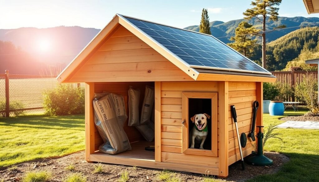 A cozy, well-lit DIY solar heater for a dog house, with a sleek, modern design. In the foreground, a wooden dog house with a large, angled solar panel on the roof, capturing the sun's rays. The middle ground features neatly arranged insulation materials and tools used in the construction. In the background, a lush, green backyard setting with a picturesque mountain range. The overall atmosphere conveys a sense of energy efficiency, warmth, and care for the furry occupant. Captured with a wide-angle lens to showcase the complete setup in a well-balanced, visually appealing composition. A cozy, well-lit DIY solar heater for a dog house, with a sleek, modern design. In the foreground, a wooden dog house with a large, angled solar panel on the roof, capturing the sun's rays. The middle ground features neatly arranged insulation materials and tools used in the construction. In the background, a lush, green backyard setting with a picturesque mountain range. The overall atmosphere conveys a sense of energy efficiency, warmth, and care for the furry occupant. Captured with a wide-angle lens to showcase the complete setup in a well-balanced, visually appealing composition.