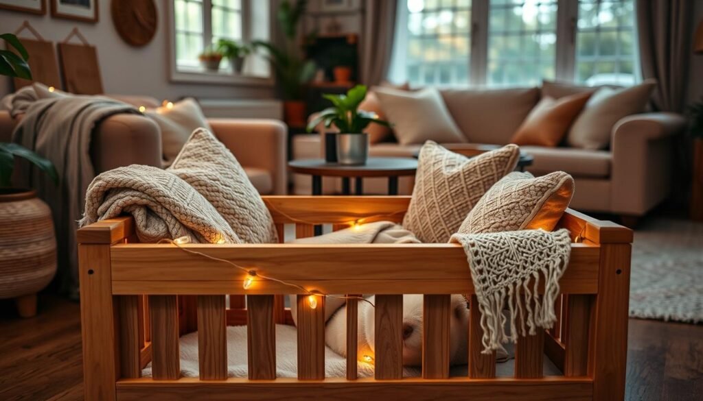 A cozy, well-lit home interior with a wooden dog crate placed in the foreground. The crate's surface is adorned with various handcrafted decorations, including woven blankets, plush pillows, and string lights. The middle ground features a small end table with a potted plant, adding a touch of nature to the scene. The background showcases a warm, inviting living room setting with neutral-toned furniture and a large window, allowing natural light to flood the space. The overall mood is one of comfort, care, and a personalized touch, reflecting the love and attention given to the dog's living environment.