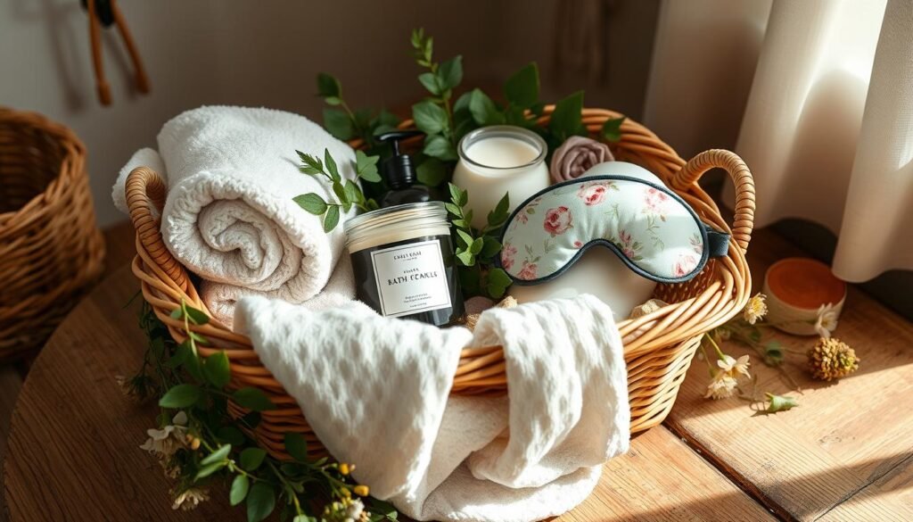 A cozy, well-lit image of a rustic wooden table with a woven wicker basket filled with an assortment of self-care items. The basket contains plush bath towels, organic bath salts, scented candles, a luxurious body lotion, and a soft floral-patterned eye mask. Greenery and dried flowers spill out around the basket, creating a warm, inviting atmosphere. The lighting is soft and natural, casting a gentle glow over the scene. The image has a soothing, spa-like ambiance, evoking a sense of relaxation and pampering. A cozy, well-lit image of a rustic wooden table with a woven wicker basket filled with an assortment of self-care items. The basket contains plush bath towels, organic bath salts, scented candles, a luxurious body lotion, and a soft floral-patterned eye mask. Greenery and dried flowers spill out around the basket, creating a warm, inviting atmosphere. The lighting is soft and natural, casting a gentle glow over the scene. The image has a soothing, spa-like ambiance, evoking a sense of relaxation and pampering.