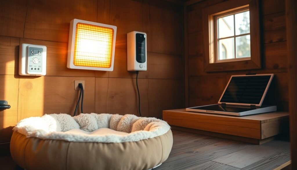 A cozy, well-lit interior of a rustic wooden cat house, showcasing various heating options. In the foreground, a plush, heated cat bed with a soft, fleece lining sits on the floor, while a wall-mounted electric cat heater casts a warm glow in the middle ground. In the background, a solar-powered heating pad rests on a window sill, capturing the natural sunlight. The overall atmosphere is inviting and comfortable, perfect for a feline companion to curl up and stay warm during the winter months. A cozy, well-lit interior of a rustic wooden cat house, showcasing various heating options. In the foreground, a plush, heated cat bed with a soft, fleece lining sits on the floor, while a wall-mounted electric cat heater casts a warm glow in the middle ground. In the background, a solar-powered heating pad rests on a window sill, capturing the natural sunlight. The overall atmosphere is inviting and comfortable, perfect for a feline companion to curl up and stay warm during the winter months.