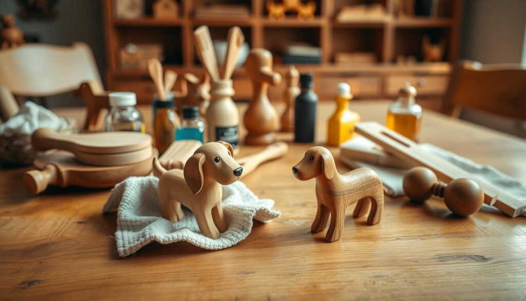 A cozy, well-lit wooden table, its surface adorned with a variety of handcrafted wooden toy dogs in various stages of cleaning and maintenance. In the foreground, a soft cloth gently polishes the smooth, sanded surface of a small dog figurine, its details and grain visible. In the middle ground, an assortment of wooden brushes, sandpaper, and oils stand ready to maintain the toys' pristine condition. The background features a warm, natural-light-filled room, with hints of shelves or cabinets where the finished, cared-for toys might be displayed. A cozy, well-lit wooden table, its surface adorned with a variety of handcrafted wooden toy dogs in various stages of cleaning and maintenance. In the foreground, a soft cloth gently polishes the smooth, sanded surface of a small dog figurine, its details and grain visible. In the middle ground, an assortment of wooden brushes, sandpaper, and oils stand ready to maintain the toys' pristine condition. The background features a warm, natural-light-filled room, with hints of shelves or cabinets where the finished, cared-for toys might be displayed.