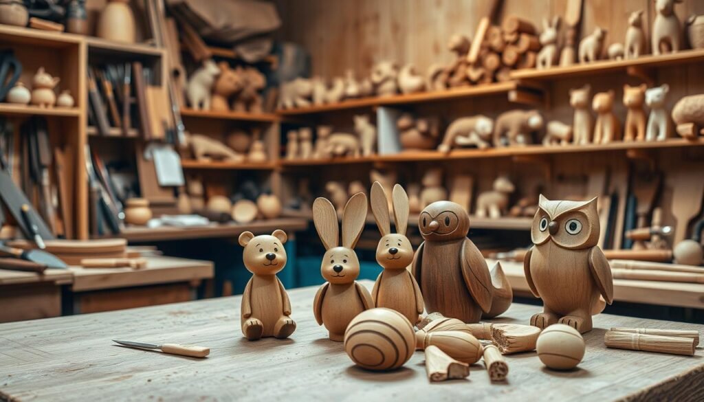 A cozy, well-lit wooden workshop filled with charming handcrafted animal figurines. In the foreground, a collection of whimsical wooden animals - a smiling bear, a playful rabbit, and a serene owl - resting on a polished workbench. The middle ground showcases various woodworking tools and materials, including chisels, sandpaper, and freshly carved wooden pieces. In the background, shelves display a variety of finished wooden animal crafts, each with its own unique personality and attention to detail. The scene exudes a sense of warmth, creativity, and the joy of simple, handmade projects. A cozy, well-lit wooden workshop filled with charming handcrafted animal figurines. In the foreground, a collection of whimsical wooden animals - a smiling bear, a playful rabbit, and a serene owl - resting on a polished workbench. The middle ground showcases various woodworking tools and materials, including chisels, sandpaper, and freshly carved wooden pieces. In the background, shelves display a variety of finished wooden animal crafts, each with its own unique personality and attention to detail. The scene exudes a sense of warmth, creativity, and the joy of simple, handmade projects.