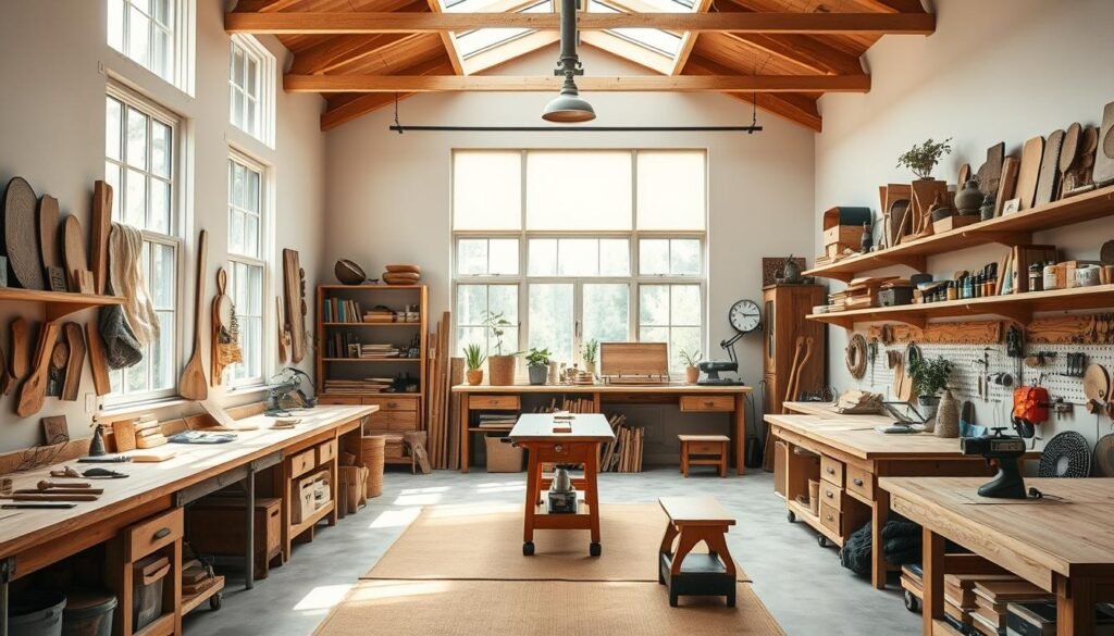 A cozy, well-lit woodworking studio with an abundance of natural light streaming in through large windows. Workbenches line the walls, adorned with various hand tools and power tools neatly organized. Soft earth-toned fabrics cover the seating areas, creating a welcoming and calming atmosphere. Shelves filled with wood samples, inspirational books, and therapeutic elements like plants and essential oil diffusers. The space exudes a sense of tranquility and focus, encouraging mindful engagement with the craft. A large skylight above casts a warm, soothing glow across the entire space, fostering a peaceful and restorative creative experience. A cozy, well-lit woodworking studio with an abundance of natural light streaming in through large windows. Workbenches line the walls, adorned with various hand tools and power tools neatly organized. Soft earth-toned fabrics cover the seating areas, creating a welcoming and calming atmosphere. Shelves filled with wood samples, inspirational books, and therapeutic elements like plants and essential oil diffusers. The space exudes a sense of tranquility and focus, encouraging mindful engagement with the craft. A large skylight above casts a warm, soothing glow across the entire space, fostering a peaceful and restorative creative experience.