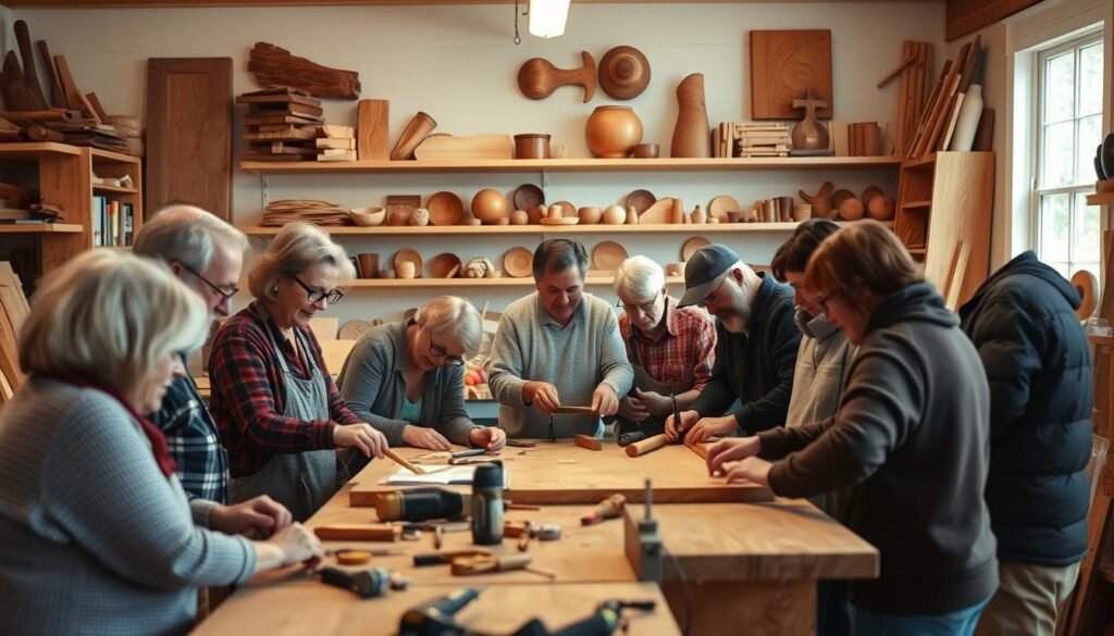 A cozy, well-lit woodworking workshop, filled with the scent of freshly sanded wood. In the foreground, a group of people of diverse ages and backgrounds gather around a workbench, collaborating on a shared project. Focused expressions, the sound of tools, and the warmth of camaraderie create a sense of community. In the middle ground, shelves line the walls, displaying an array of handcrafted objects, each telling a story of personal growth and healing. The background is bathed in soft, natural light, conveying a serene, therapeutic atmosphere. This image captures the essence of building community through the transformative power of woodworking. A cozy, well-lit woodworking workshop, filled with the scent of freshly sanded wood. In the foreground, a group of people of diverse ages and backgrounds gather around a workbench, collaborating on a shared project. Focused expressions, the sound of tools, and the warmth of camaraderie create a sense of community. In the middle ground, shelves line the walls, displaying an array of handcrafted objects, each telling a story of personal growth and healing. The background is bathed in soft, natural light, conveying a serene, therapeutic atmosphere. This image captures the essence of building community through the transformative power of woodworking.