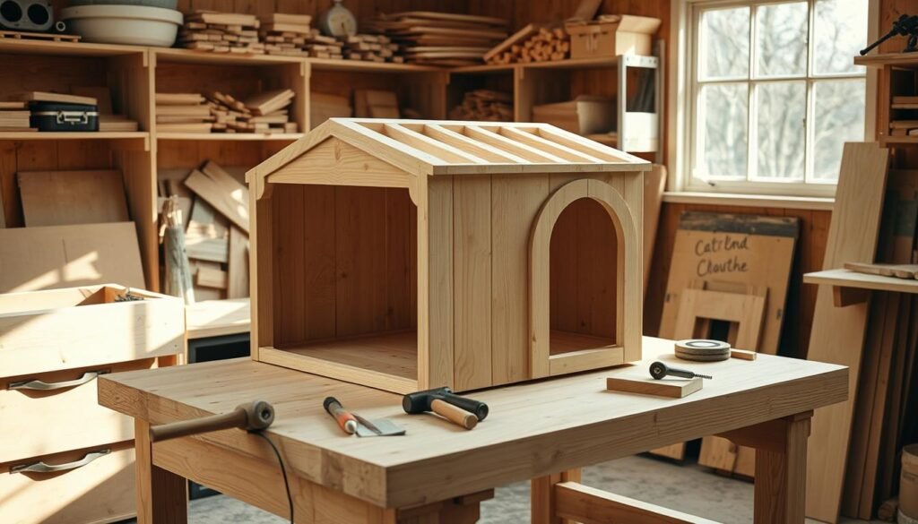 A cozy, well-lit woodworking workshop, with a sturdy workbench in the foreground. On the bench, a partially assembled wooden cat house structure is taking shape, its panels and pieces carefully arranged. Nearby, various carpentry tools, such as a hammer, saw, and sandpaper, are neatly organized, ready to aid in the assembly process. The workshop is bathed in a warm, natural light, casting gentle shadows and highlighting the grain of the wood. In the background, shelves of wood scraps, nails, and other DIY materials create a sense of a functional, hands-on space. The atmosphere is one of focused, methodical craftsmanship, as the cat house gradually comes together, ready to provide a cozy retreat for a beloved feline.