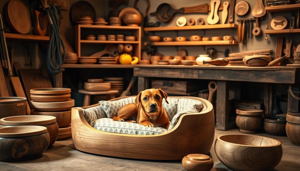 A cozy, well-lit woodworking workshop, with an assortment of handmade pet accessories in the foreground. In the center, a beautifully crafted dog bed, its smooth, sanded wood grain and custom-fitted cushion inviting the viewer to imagine a happy, relaxed pup curled up inside. On the shelves and workbench, an array of precisely carved wooden bowls, leash hooks, and other thoughtfully designed pet products, each showcasing the skilled craftsmanship of the maker. Soft, warm lighting casts a gentle glow, and the overall atmosphere radiates a sense of care, comfort, and attention to detail.