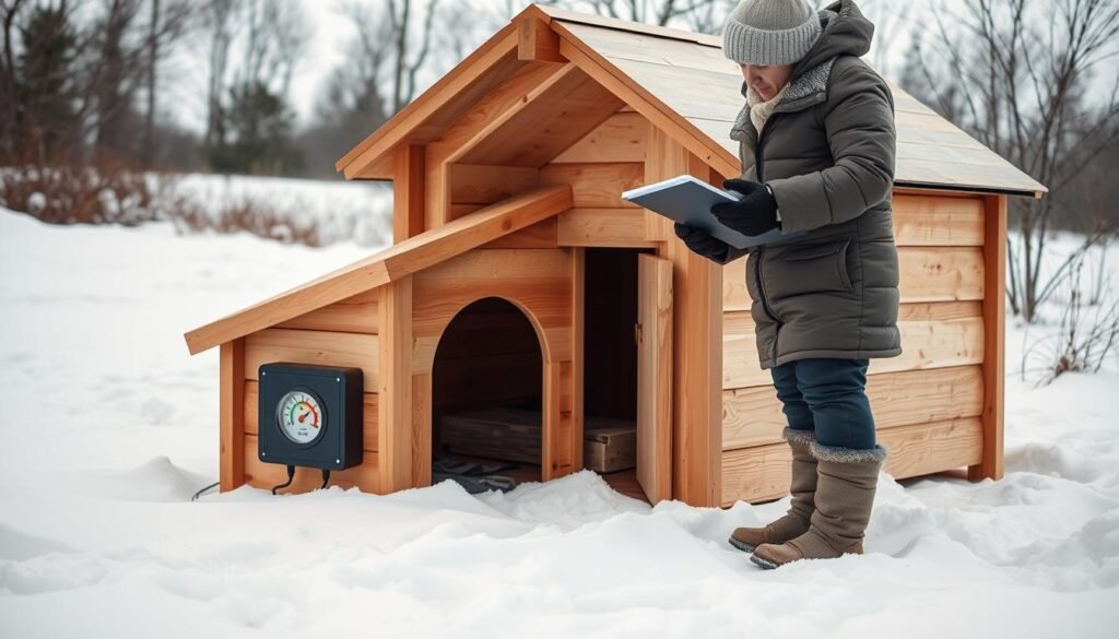 A cozy winter scene of a DIY dog house heater being tested and monitored. In the foreground, a well-crafted wooden dog house sits on a snowy landscape, with a small, unobtrusive heating unit installed and its temperature gauge visible. The mid-ground shows a person in warm winter attire closely observing the heating unit, clipboard in hand, ensuring the dog house is maintaining a comfortable temperature. In the background, a serene winter wonderland with bare trees and a soft, overcast sky creates a calm, peaceful atmosphere. The lighting is natural and diffused, highlighting the textures of the wood and the person's clothing. The overall mood is one of diligence, care, and concern for the well-being of the canine occupant. A cozy winter scene of a DIY dog house heater being tested and monitored. In the foreground, a well-crafted wooden dog house sits on a snowy landscape, with a small, unobtrusive heating unit installed and its temperature gauge visible. The mid-ground shows a person in warm winter attire closely observing the heating unit, clipboard in hand, ensuring the dog house is maintaining a comfortable temperature. In the background, a serene winter wonderland with bare trees and a soft, overcast sky creates a calm, peaceful atmosphere. The lighting is natural and diffused, highlighting the textures of the wood and the person's clothing. The overall mood is one of diligence, care, and concern for the well-being of the canine occupant.
