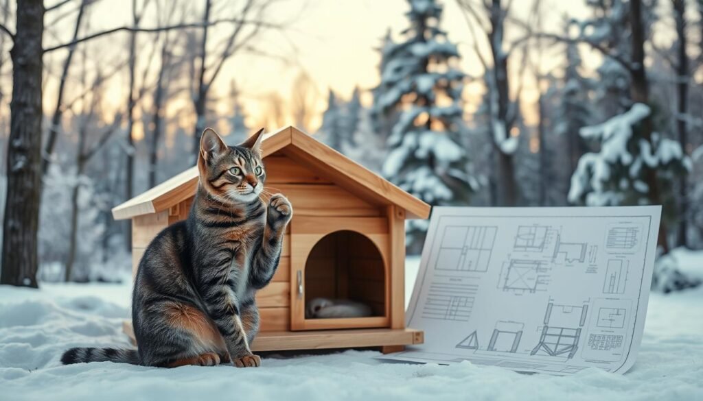 A cozy wooden cat house nestled in a tranquil winter landscape. In the foreground, a tabby cat sits contemplatively, paw raised as if pondering the architectural design. The middle ground showcases a detailed blueprint of the house, with precise measurements and construction notes. In the background, a snow-capped forest provides a serene, natural backdrop, illuminated by soft, natural lighting. The overall mood is one of focused planning and peaceful contemplation, setting the stage for a DIY project to keep feline friends warm and content during the colder months. A cozy wooden cat house nestled in a tranquil winter landscape. In the foreground, a tabby cat sits contemplatively, paw raised as if pondering the architectural design. The middle ground showcases a detailed blueprint of the house, with precise measurements and construction notes. In the background, a snow-capped forest provides a serene, natural backdrop, illuminated by soft, natural lighting. The overall mood is one of focused planning and peaceful contemplation, setting the stage for a DIY project to keep feline friends warm and content during the colder months.