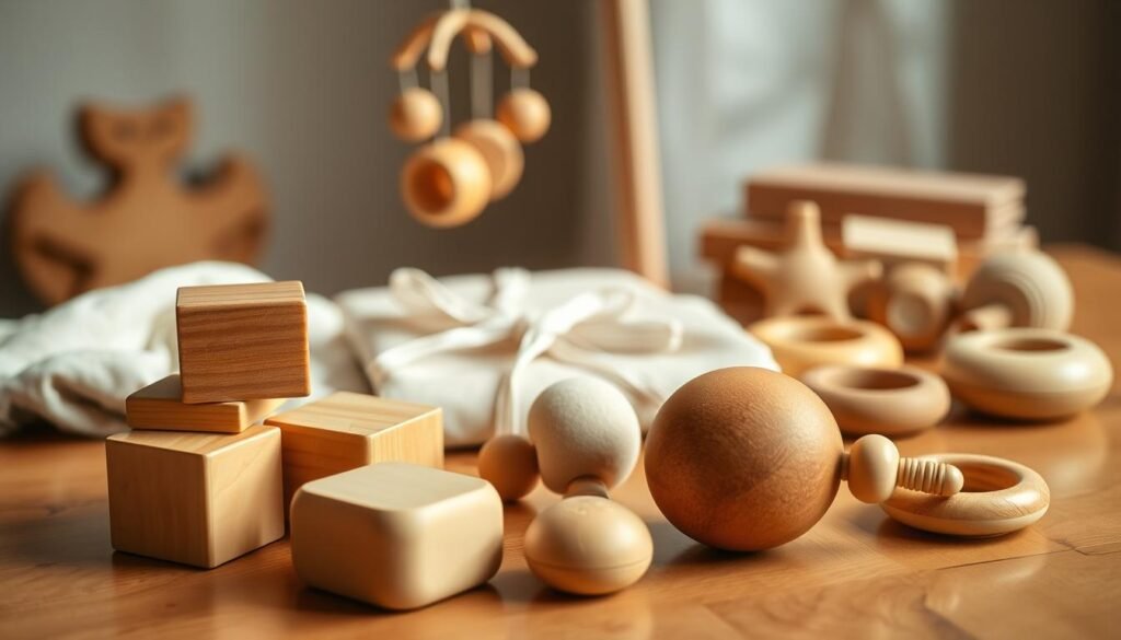 A cozy wooden table, its surface scattered with an array of carefully crafted baby-safe gifts. In the foreground, a set of smooth, rounded wooden blocks in warm, natural hues, their edges softened to prevent injury. Alongside them, a plush, organic-shaped rattle, its muted tones and gentle curves inviting tiny hands to explore. In the middle ground, a delicate wooden mobile, its dangling shapes gently swaying, casting soft shadows on the table below. In the background, a selection of wooden teethers, their textured surfaces designed to soothe and comfort. The scene is bathed in a warm, diffused light, creating a serene, comforting atmosphere, perfectly suited for a special baby's first holiday celebration. A cozy wooden table, its surface scattered with an array of carefully crafted baby-safe gifts. In the foreground, a set of smooth, rounded wooden blocks in warm, natural hues, their edges softened to prevent injury. Alongside them, a plush, organic-shaped rattle, its muted tones and gentle curves inviting tiny hands to explore. In the middle ground, a delicate wooden mobile, its dangling shapes gently swaying, casting soft shadows on the table below. In the background, a selection of wooden teethers, their textured surfaces designed to soothe and comfort. The scene is bathed in a warm, diffused light, creating a serene, comforting atmosphere, perfectly suited for a special baby's first holiday celebration.
