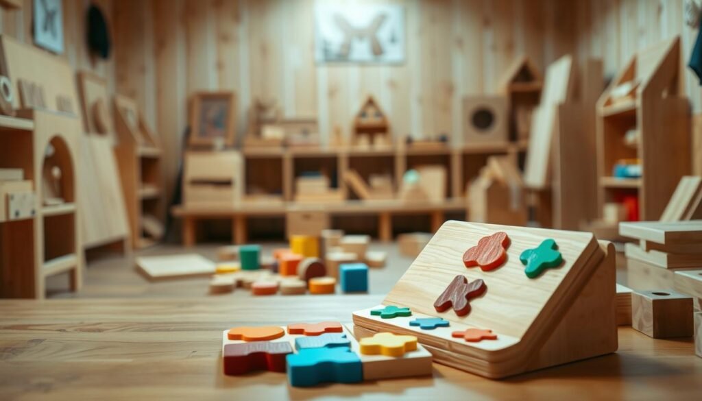 A cozy wooden workshop filled with simple, child-friendly projects. In the foreground, a small wooden block puzzle with primary-colored shapes, inviting little hands to explore. In the middle ground, a set of wooden building blocks in various geometric forms, encouraging creative construction. The background reveals a well-lit, warm-toned space, with natural wood tones and clean, uncluttered surfaces, creating a serene, nurturing atmosphere for young learners. Soft, diffused lighting casts gentle shadows, highlighting the tactile, organic nature of the materials. The overall scene radiates a sense of calm, hands-on learning and wholesome exploration. A cozy wooden workshop filled with simple, child-friendly projects. In the foreground, a small wooden block puzzle with primary-colored shapes, inviting little hands to explore. In the middle ground, a set of wooden building blocks in various geometric forms, encouraging creative construction. The background reveals a well-lit, warm-toned space, with natural wood tones and clean, uncluttered surfaces, creating a serene, nurturing atmosphere for young learners. Soft, diffused lighting casts gentle shadows, highlighting the tactile, organic nature of the materials. The overall scene radiates a sense of calm, hands-on learning and wholesome exploration.