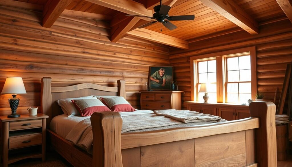A cozy woodworking bedroom with a warm, natural ambiance. In the foreground, a handcrafted wooden bed frame with intricate joinery takes center stage, complemented by plush bedding and soft lighting from a wooden bedside table. The middle ground features a custom-built wooden dresser and nightstands, showcasing the artisan's attention to detail. In the background, a large window allows natural light to flood the space, illuminating the wooden beams and panels that line the walls, creating a serene, cabin-like atmosphere. The overall composition evokes a sense of rustic elegance and the owner's passion for woodworking. A cozy woodworking bedroom with a warm, natural ambiance. In the foreground, a handcrafted wooden bed frame with intricate joinery takes center stage, complemented by plush bedding and soft lighting from a wooden bedside table. The middle ground features a custom-built wooden dresser and nightstands, showcasing the artisan's attention to detail. In the background, a large window allows natural light to flood the space, illuminating the wooden beams and panels that line the walls, creating a serene, cabin-like atmosphere. The overall composition evokes a sense of rustic elegance and the owner's passion for woodworking.