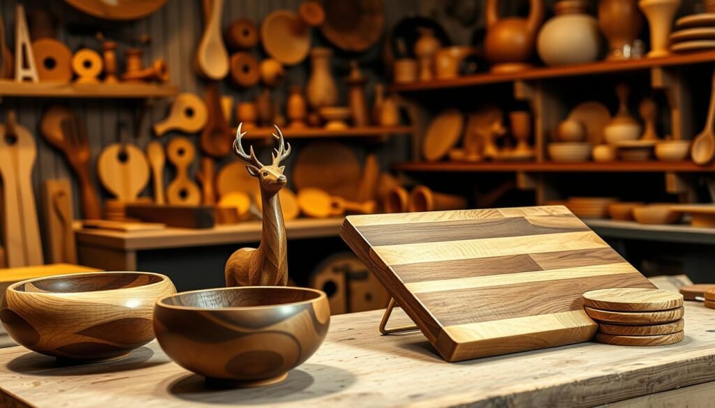 A cozy woodworking shop, dimly lit by warm task lighting, showcases a collection of unique handcrafted wooden Christmas gifts for a husband. In the foreground, a skillfully turned wooden bowl with intricate patterns catches the eye, while a hand-carved wooden figurine of a deer stands nearby. In the middle ground, a sleek and modern wooden cutting board, adorned with a subtle herringbone design, rests on a workbench alongside a set of hand-carved wooden coasters. In the background, shelves display an array of carefully crafted wooden items, each with its own distinct character and charm, suggesting a wealth of possibilities for personalized and meaningful holiday gifts. A cozy woodworking shop, dimly lit by warm task lighting, showcases a collection of unique handcrafted wooden Christmas gifts for a husband. In the foreground, a skillfully turned wooden bowl with intricate patterns catches the eye, while a hand-carved wooden figurine of a deer stands nearby. In the middle ground, a sleek and modern wooden cutting board, adorned with a subtle herringbone design, rests on a workbench alongside a set of hand-carved wooden coasters. In the background, shelves display an array of carefully crafted wooden items, each with its own distinct character and charm, suggesting a wealth of possibilities for personalized and meaningful holiday gifts.